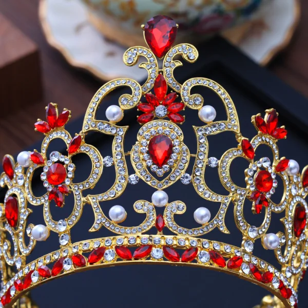 Luxury / Gorgeous Gold Tiara Red Rhinestone Pearl Metal Accessories 2019 Bridal Hair Accessories