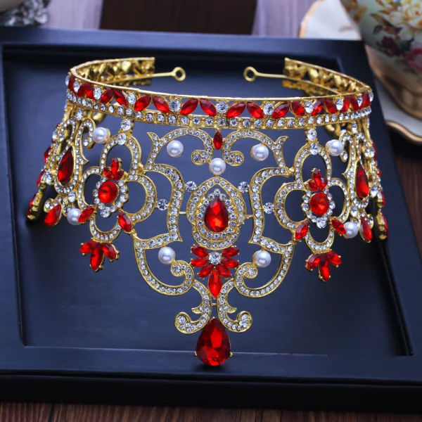 Luxury / Gorgeous Gold Tiara Red Rhinestone Pearl Metal Accessories 2019 Bridal Hair Accessories
