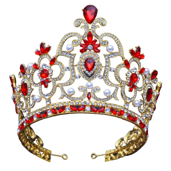 Luxury / Gorgeous Gold Tiara Red Rhinestone Pearl Metal Accessories 2019 Bridal Hair Accessories