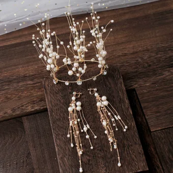 Lyx Guld Tiara Örhängen Pärla Rhinestone Tillbehör 2019 Brud Huvudbonad