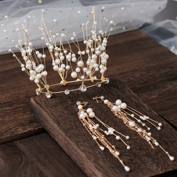 Luksusowe Złote Tiara Kolczyki Perła Rhinestone Akcesoria 2019 Ozdoby Do Włosów Ślubne
