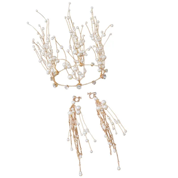Luksusowe Złote Tiara Kolczyki Perła Rhinestone Akcesoria 2019 Ozdoby Do Włosów Ślubne