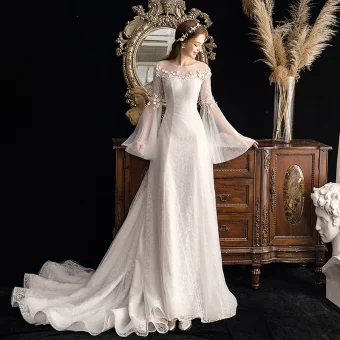 Elegant Ivory See Through Outdoor Garden Wedding Dresses 2019 A Line Princess Scoop Neck Bell Sleeves Glitter Tulle Appliques Flower Beading Court Train Ruffle
