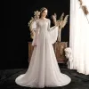 Elegant Ivory See-through Outdoor / Garden Wedding Dresses 2019 A-Line / Princess Scoop Neck Bell sleeves Glitter Tulle Appliques Flower Beading Court Train Ruffle