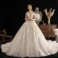 High End Ivory / Creme Durchsichtige Brautkleider / Hochzeitskleider 2019 Ballkleid Stehkragen 3/4 Ärmel Glanz Tülle Handgefertigt Perlenstickerei Pailletten Kathedrale Schleppe Rüschen