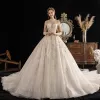 High-end Ivory See-through Wedding Dresses 2019 Ball Gown High Neck 3/4 Sleeve Glitter Tulle Handmade  Beading Sequins Cathedral Train Ruffle