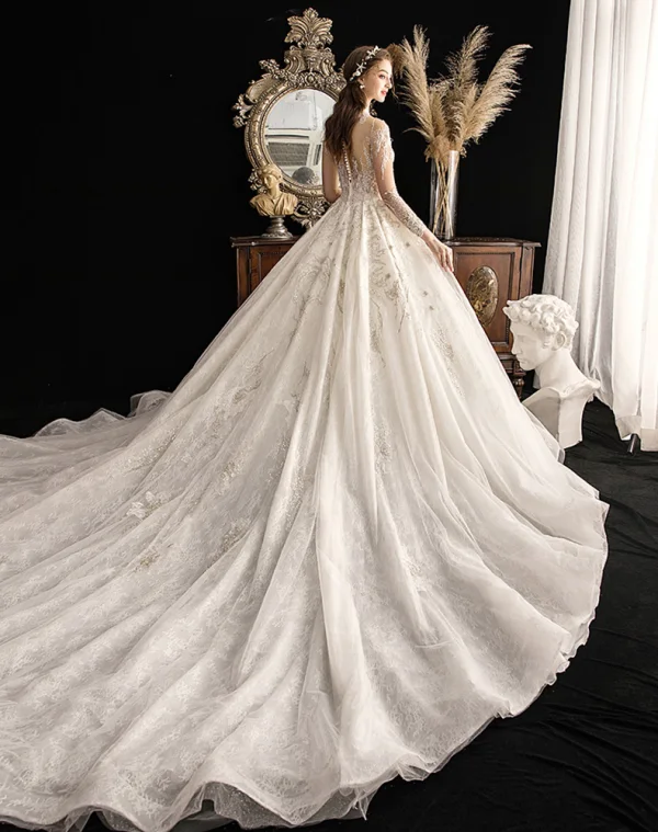 High End Ivory / Creme Durchsichtige Brautkleider / Hochzeitskleider 2019 Ballkleid Stehkragen 3/4 Ärmel Glanz Tülle Handgefertigt Perlenstickerei Pailletten Kathedrale Schleppe Rüschen