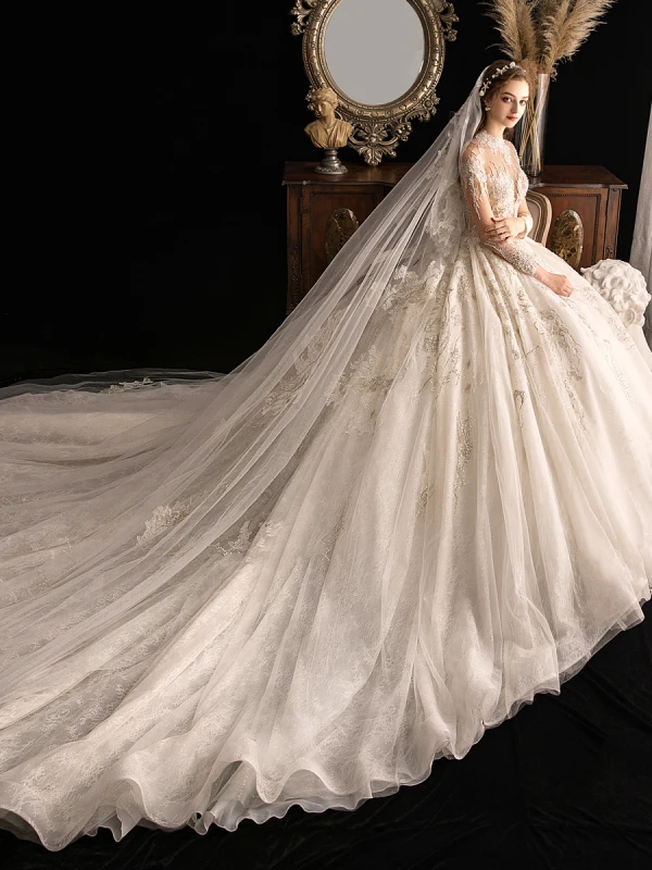 High End Ivory / Creme Durchsichtige Brautkleider / Hochzeitskleider 2019 Ballkleid Stehkragen 3/4 Ärmel Glanz Tülle Handgefertigt Perlenstickerei Pailletten Kathedrale Schleppe Rüschen