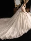 High End Ivory / Creme Durchsichtige Brautkleider / Hochzeitskleider 2019 Ballkleid Stehkragen 3/4 Ärmel Glanz Tülle Handgefertigt Perlenstickerei Pailletten Kathedrale Schleppe Rüschen