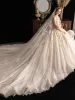 High-end Ivory See-through Wedding Dresses 2019 Ball Gown High Neck 3/4 Sleeve Glitter Tulle Handmade  Beading Sequins Cathedral Train Ruffle