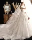 High End Ivory / Creme Durchsichtige Brautkleider / Hochzeitskleider 2019 Ballkleid Stehkragen 3/4 Ärmel Glanz Tülle Handgefertigt Perlenstickerei Pailletten Kathedrale Schleppe Rüschen