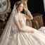 High End Ivory / Creme Durchsichtige Brautkleider / Hochzeitskleider 2019 Ballkleid Stehkragen 3/4 Ärmel Glanz Tülle Handgefertigt Perlenstickerei Pailletten Kathedrale Schleppe Rüschen