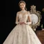 High End Ivory / Creme Durchsichtige Brautkleider / Hochzeitskleider 2019 Ballkleid Stehkragen 3/4 Ärmel Glanz Tülle Handgefertigt Perlenstickerei Pailletten Kathedrale Schleppe Rüschen