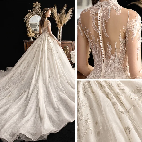High End Ivory / Creme Durchsichtige Brautkleider / Hochzeitskleider 2019 Ballkleid Stehkragen 3/4 Ärmel Glanz Tülle Handgefertigt Perlenstickerei Pailletten Kathedrale Schleppe Rüschen