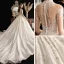 High End Ivory / Creme Durchsichtige Brautkleider / Hochzeitskleider 2019 Ballkleid Stehkragen 3/4 Ärmel Glanz Tülle Handgefertigt Perlenstickerei Pailletten Kathedrale Schleppe Rüschen