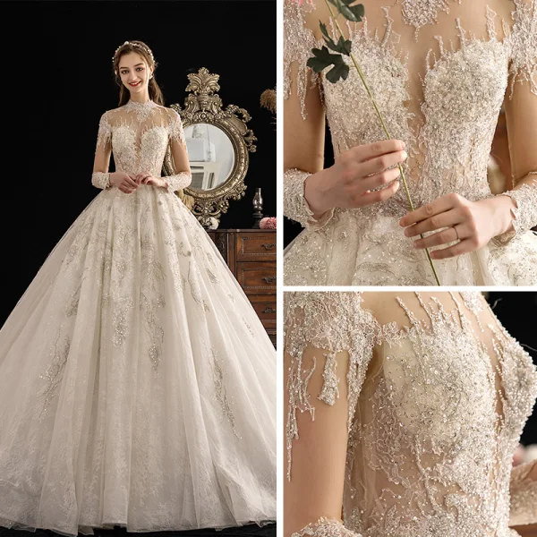 High End Ivory / Creme Durchsichtige Brautkleider / Hochzeitskleider 2019 Ballkleid Stehkragen 3/4 Ärmel Glanz Tülle Handgefertigt Perlenstickerei Pailletten Kathedrale Schleppe Rüschen