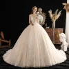 Luxury / Gorgeous Champagne Wedding Dresses 2019 Ball Gown Deep V-Neck Spaghetti Straps Sleeveless Backless Beading Glitter Appliques Lace Cathedral Train Ruffle