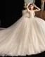 Luxury / Gorgeous Champagne Wedding Dresses 2019 Ball Gown Deep V-Neck Spaghetti Straps Sleeveless Backless Beading Glitter Appliques Lace Cathedral Train Ruffle