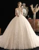 Luxury / Gorgeous Champagne Wedding Dresses 2019 Ball Gown Deep V-Neck Spaghetti Straps Sleeveless Backless Beading Glitter Appliques Lace Cathedral Train Ruffle