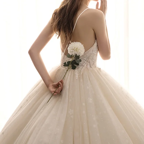 Luxury / Gorgeous Champagne Wedding Dresses 2019 Ball Gown Deep V-Neck Spaghetti Straps Sleeveless Backless Beading Glitter Appliques Lace Cathedral Train Ruffle