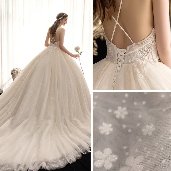 Luxury / Gorgeous Champagne Wedding Dresses 2019 Ball Gown Deep V-Neck Spaghetti Straps Sleeveless Backless Beading Glitter Appliques Lace Cathedral Train Ruffle