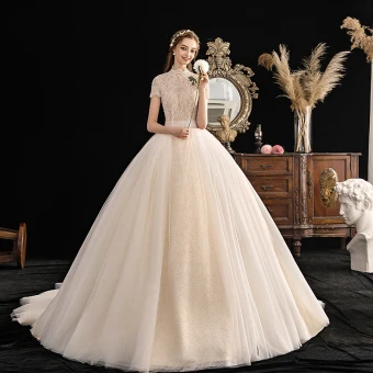 Vintage Originale Champagne Robe De Mariée 2019 Robe Boule Col Haut Manches Courtes Perlage Perle Chapel Train Volants