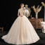 Vintage / Retro Champagne Wedding Dresses 2019 Ball Gown High Neck Short Sleeve Beading Pearl Chapel Train Ruffle