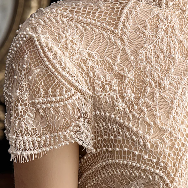Vintage / Retro Champagne Wedding Dresses 2019 Ball Gown High Neck Short Sleeve Beading Pearl Chapel Train Ruffle