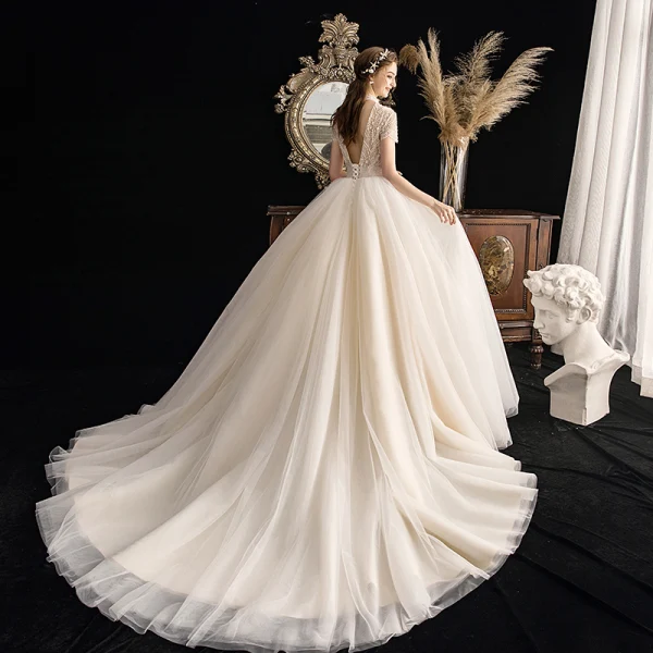Vintage / Retro Champagne Wedding Dresses 2019 Ball Gown High Neck Short Sleeve Beading Pearl Chapel Train Ruffle
