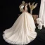 Vintage / Retro Champagne Wedding Dresses 2019 Ball Gown High Neck Short Sleeve Beading Pearl Chapel Train Ruffle