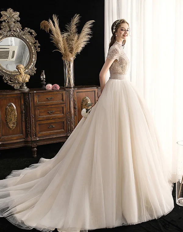 Vintage / Retro Champagne Wedding Dresses 2019 Ball Gown High Neck Short Sleeve Beading Pearl Chapel Train Ruffle