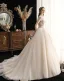 Vintage / Retro Champagne Wedding Dresses 2019 Ball Gown High Neck Short Sleeve Beading Pearl Chapel Train Ruffle