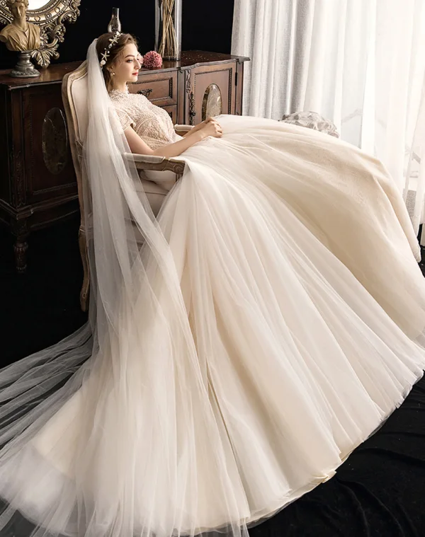 Vintage / Retro Champagne Wedding Dresses 2019 Ball Gown High Neck Short Sleeve Beading Pearl Chapel Train Ruffle