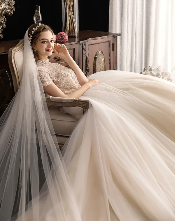 Vintage / Retro Champagne Wedding Dresses 2019 Ball Gown High Neck Short Sleeve Beading Pearl Chapel Train Ruffle