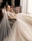 Vintage / Retro Champagne Wedding Dresses 2019 Ball Gown High Neck Short Sleeve Beading Pearl Chapel Train Ruffle