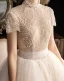 Vintage / Retro Champagne Wedding Dresses 2019 Ball Gown High Neck Short Sleeve Beading Pearl Chapel Train Ruffle