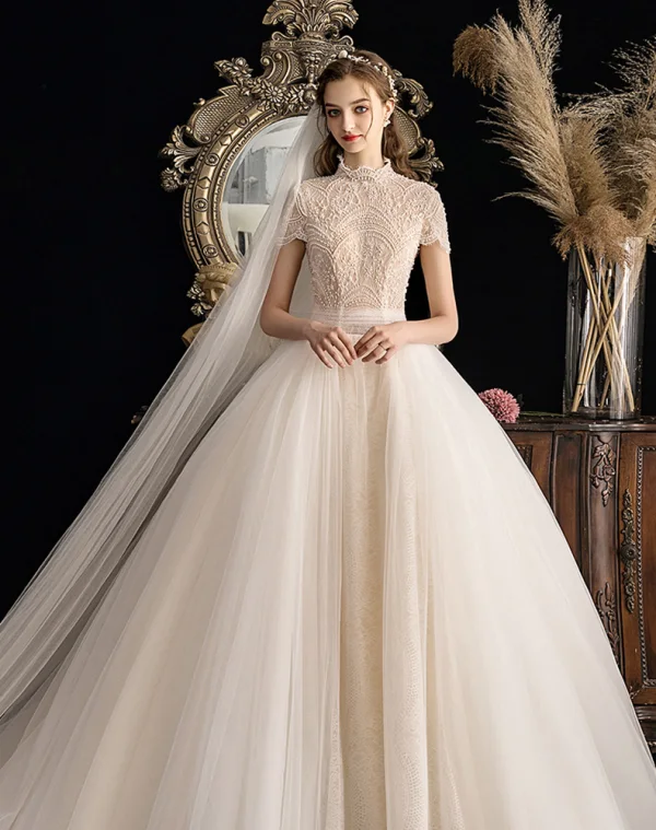 Vintage / Retro Champagne Wedding Dresses 2019 Ball Gown High Neck Short Sleeve Beading Pearl Chapel Train Ruffle