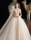 Vintage / Retro Champagne Wedding Dresses 2019 Ball Gown High Neck Short Sleeve Beading Pearl Chapel Train Ruffle
