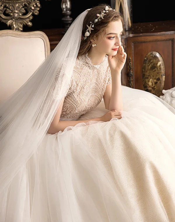 Vintage / Retro Champagne Wedding Dresses 2019 Ball Gown High Neck Short Sleeve Beading Pearl Chapel Train Ruffle