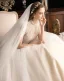 Vintage / Retro Champagne Wedding Dresses 2019 Ball Gown High Neck Short Sleeve Beading Pearl Chapel Train Ruffle
