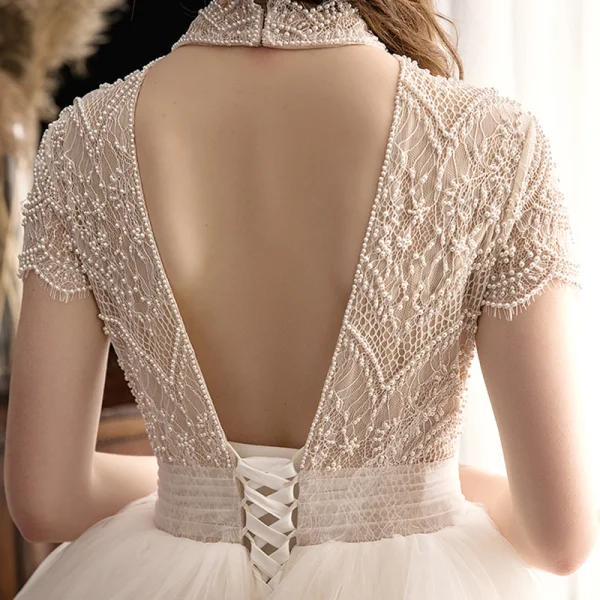 Vintage / Retro Champagne Wedding Dresses 2019 Ball Gown High Neck Short Sleeve Beading Pearl Chapel Train Ruffle