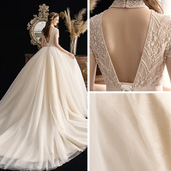 Vintage / Retro Champagne Wedding Dresses 2019 Ball Gown High Neck Short Sleeve Beading Pearl Chapel Train Ruffle