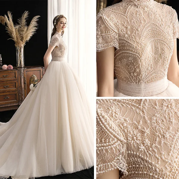 Vintage / Retro Champagne Wedding Dresses 2019 Ball Gown High Neck Short Sleeve Beading Pearl Chapel Train Ruffle