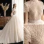 Vintage / Retro Champagne Wedding Dresses 2019 Ball Gown High Neck Short Sleeve Beading Pearl Chapel Train Ruffle