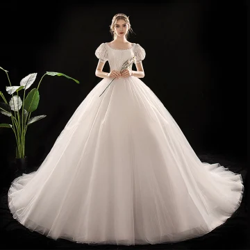 Vintage Originale Ivoire Robe De Mariée 2019 Princesse Encolure Dégagée Gonflée Manches Courtes Dos Nu Chapel Train Volants