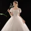 Vintage / Retro Ivory Wedding Dresses 2019 Princess Scoop Neck Puffy Short Sleeve Backless Chapel Train Ruffle
