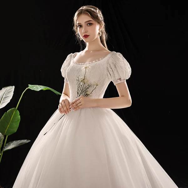 Vintage / Retro Ivory Wedding Dresses 2019 Princess Scoop Neck Puffy Short Sleeve Backless Chapel Train Ruffle