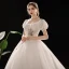 Vintage / Retro Ivory Wedding Dresses 2019 Princess Scoop Neck Puffy Short Sleeve Backless Chapel Train Ruffle