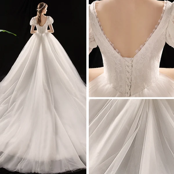 Vintage / Retro Ivory Wedding Dresses 2019 Princess Scoop Neck Puffy Short Sleeve Backless Chapel Train Ruffle