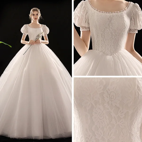 Vintage / Retro Ivory Wedding Dresses 2019 Princess Scoop Neck Puffy Short Sleeve Backless Chapel Train Ruffle